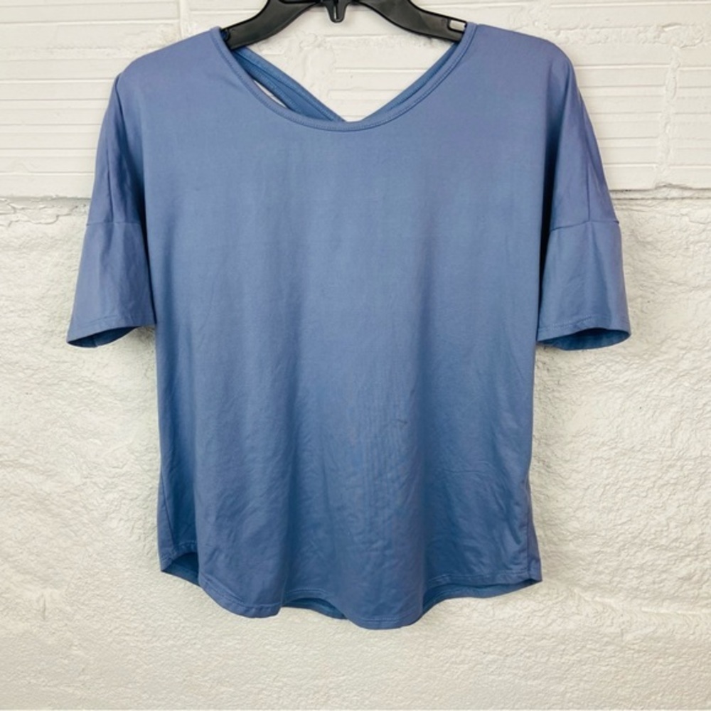 ETHEREAL blue cut out criss cross 3/4 sleeve stretch shirt size medium